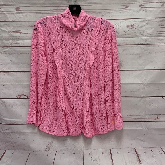 Smythe Pink Scalloped Lace Top Blouse Size Medium Buttoned Cowl Neck Designer - Picture 1 of 7